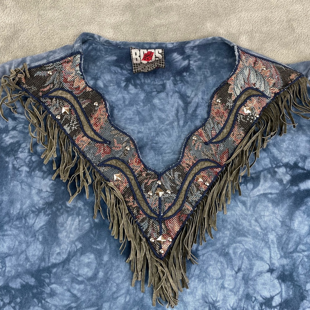 Vtg Bohemian Tie Dye Fringe Studded Sleeve T Shirt Womens Petite One Size *Hole